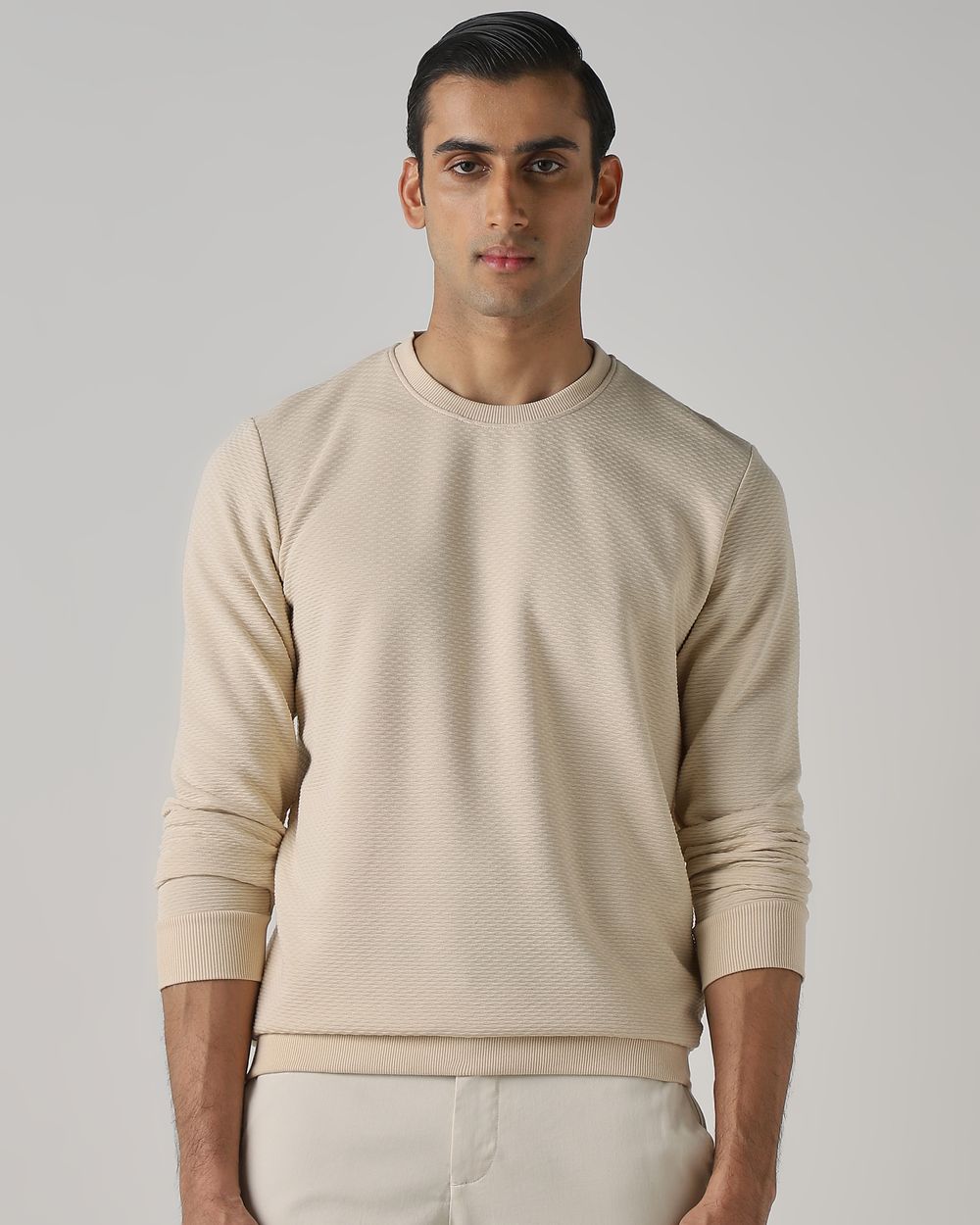 Beige Jacquard Plain Slim Fit Sweatshirt