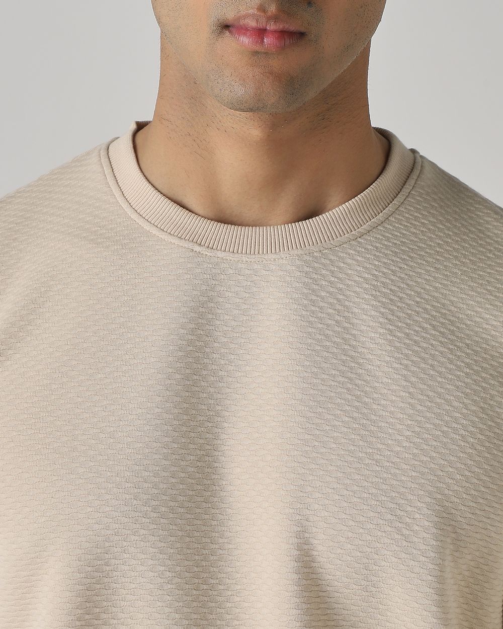 Beige Jacquard Plain Slim Fit Sweatshirt