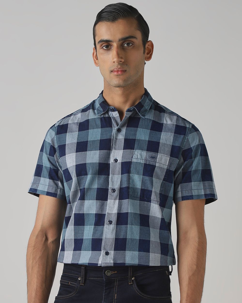 Indigo Blue Denim Check Slim Fit Casual Shirt