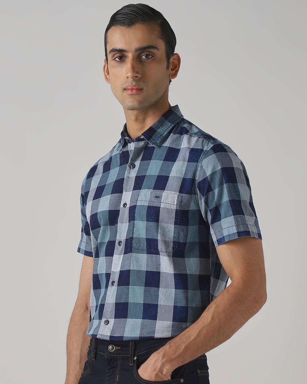 Indigo Blue Denim Check Slim Fit Casual Shirt
