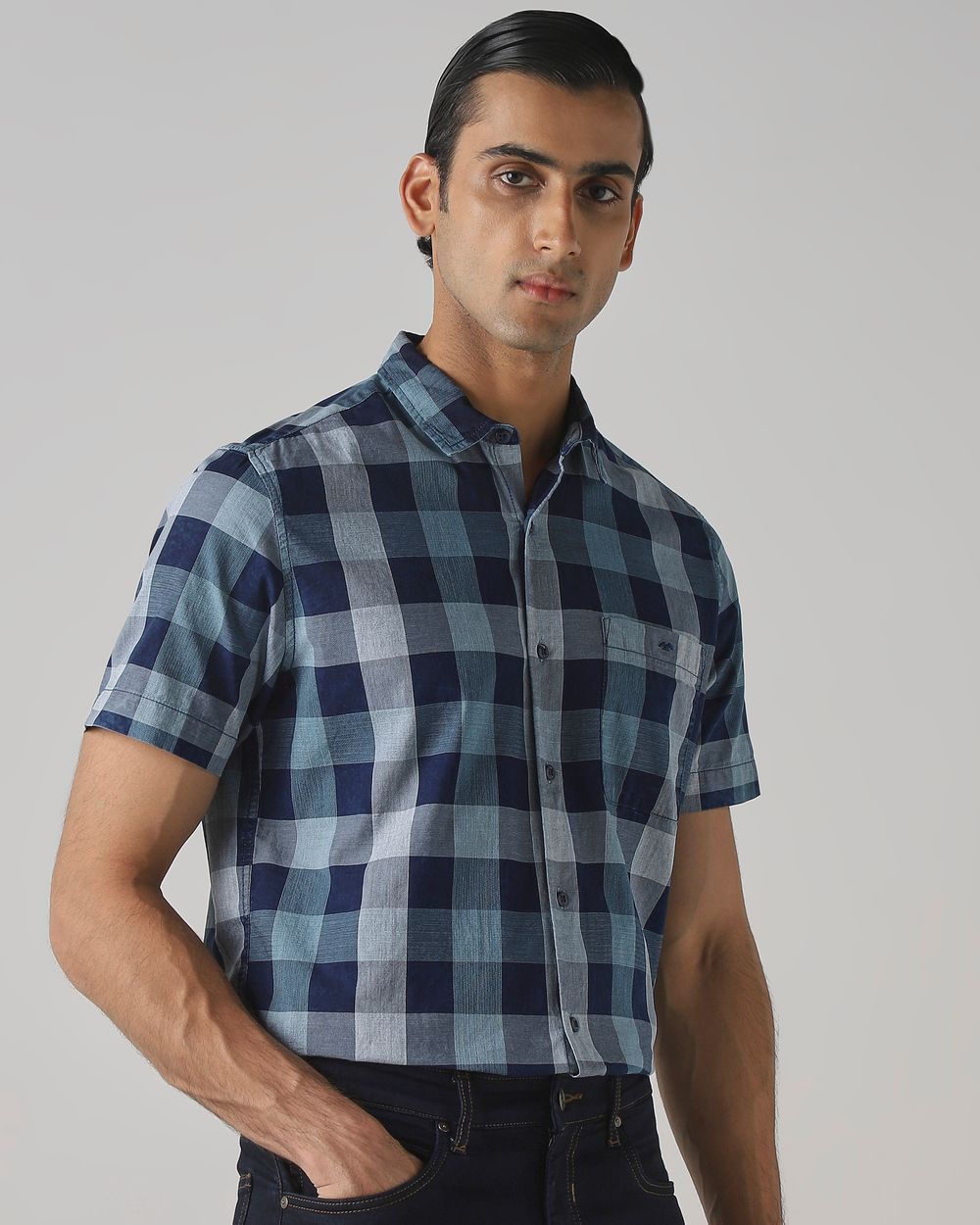 Indigo Blue Denim Check Slim Fit Casual Shirt