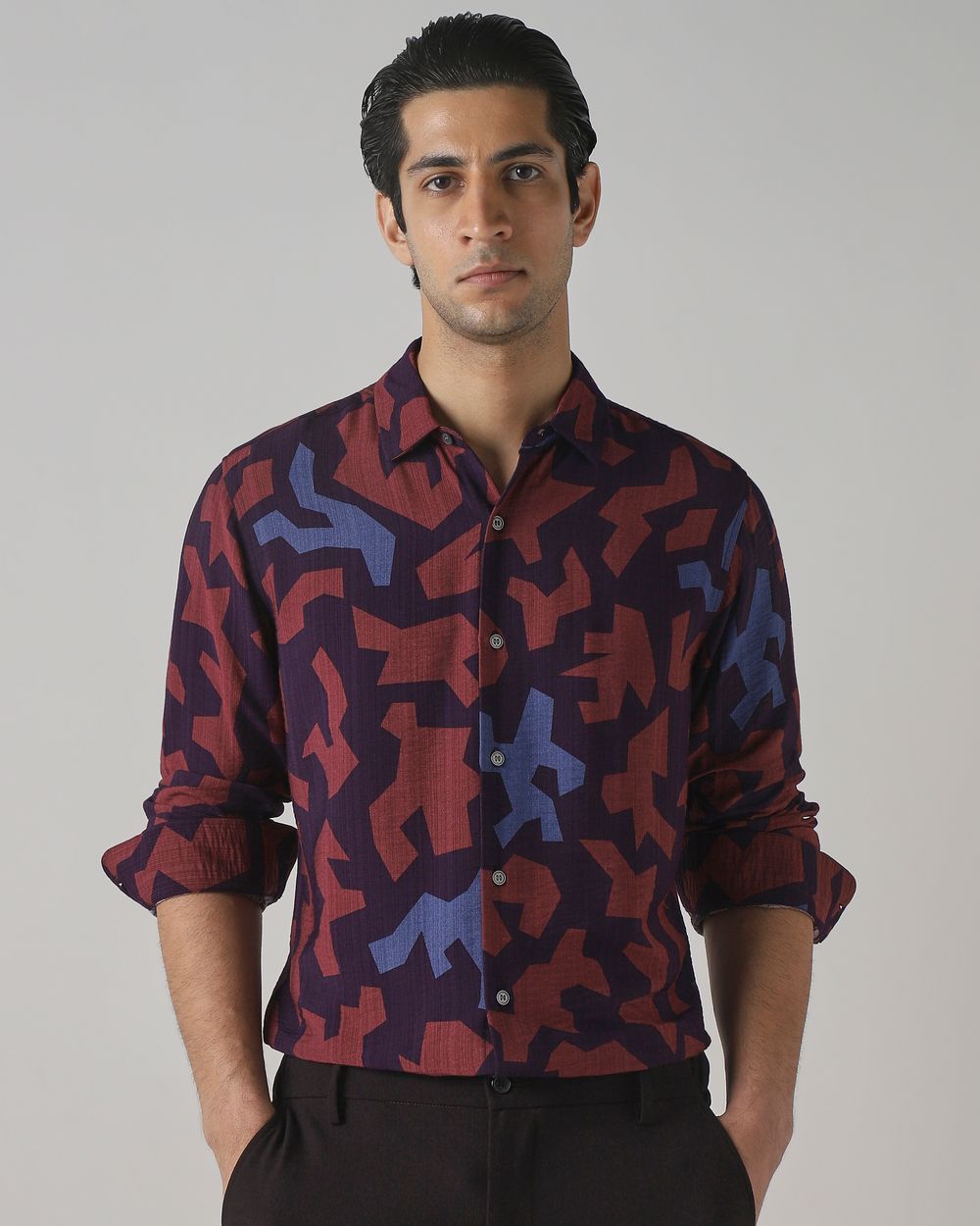 Plum Abstract Print Slim Fit Casual Shirt