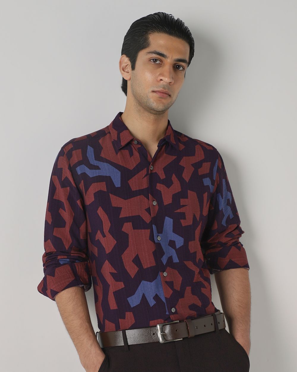 Plum Abstract Print Slim Fit Casual Shirt