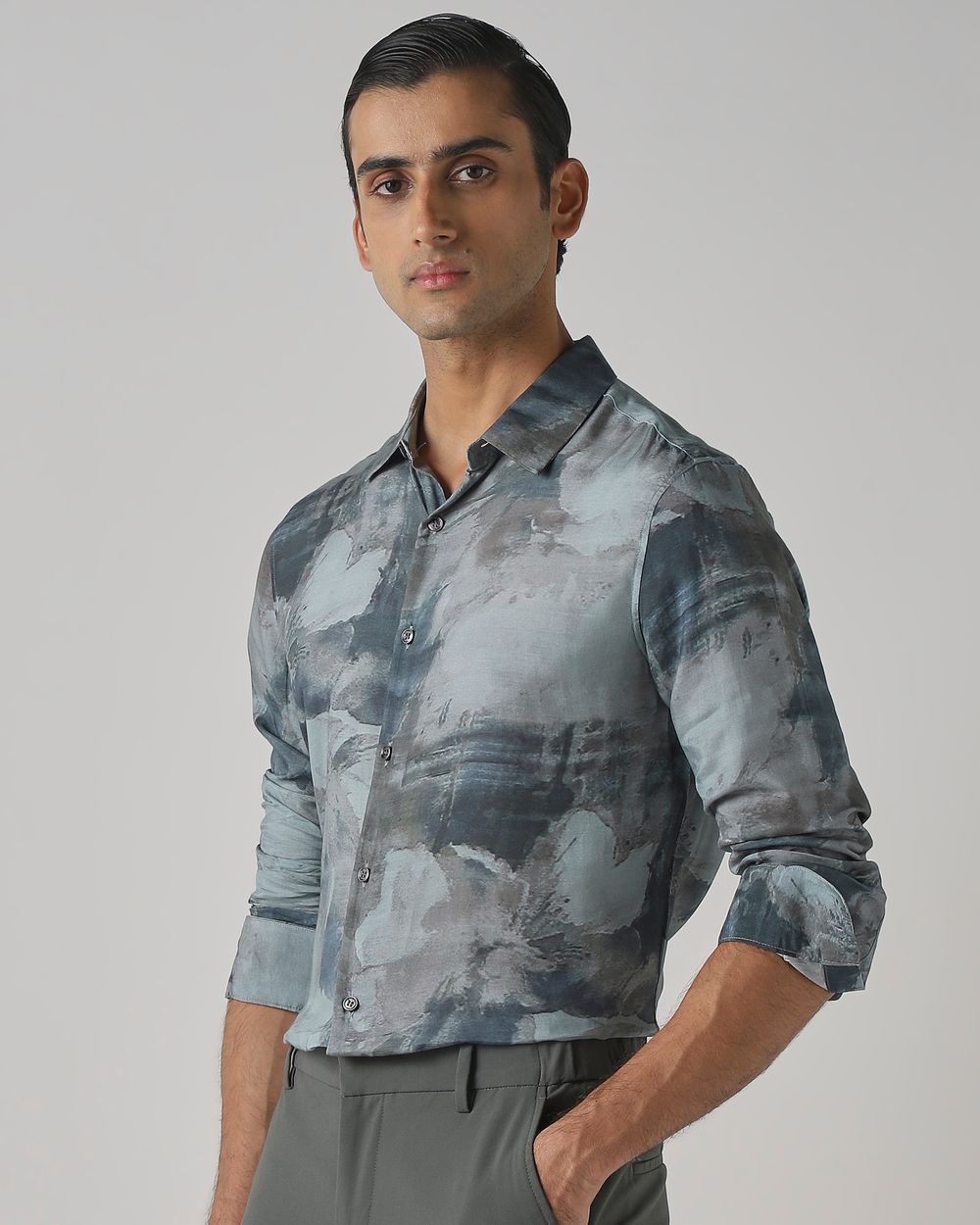 Teal Digital Print Viscose Slim Fit Casual Shirt