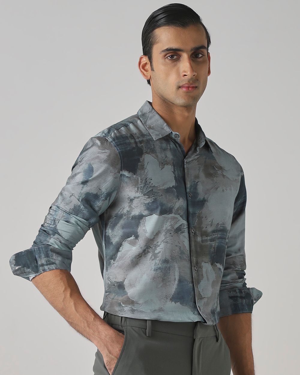 Teal Digital Print Viscose Slim Fit Casual Shirt