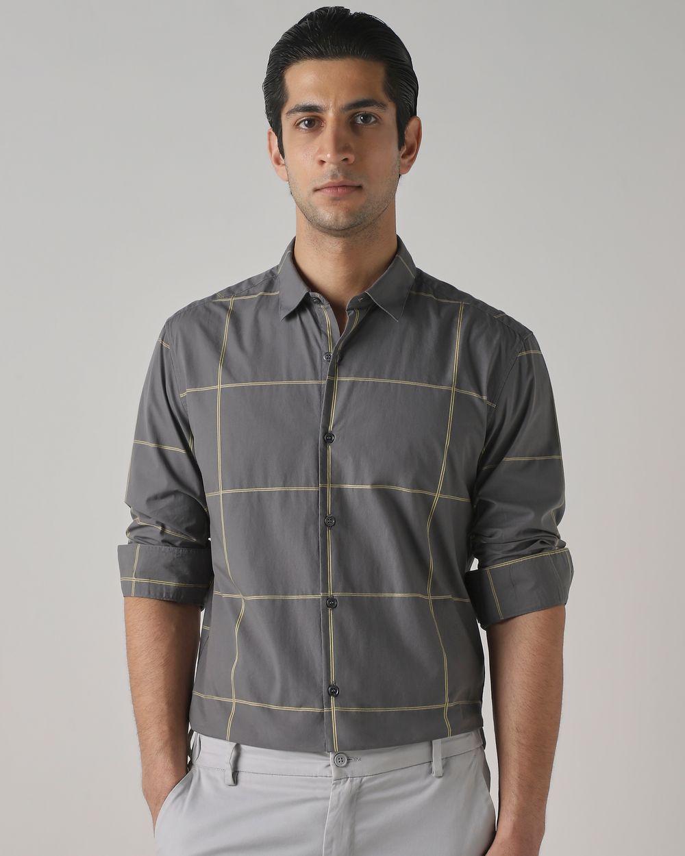 Grey Windowpane Check Slim Fit Casual Shirt