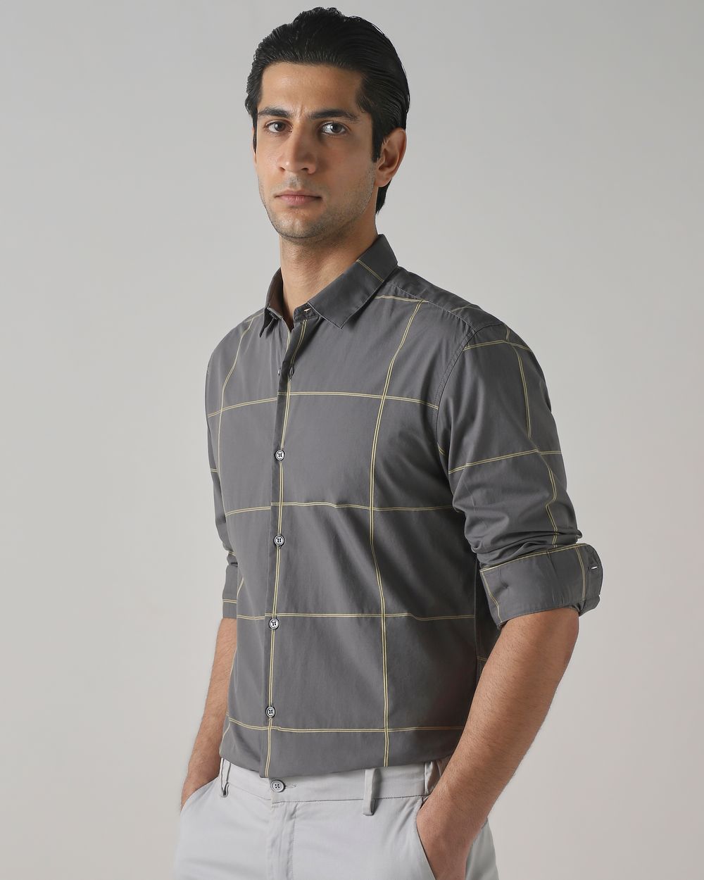 Grey Windowpane Check Slim Fit Casual Shirt