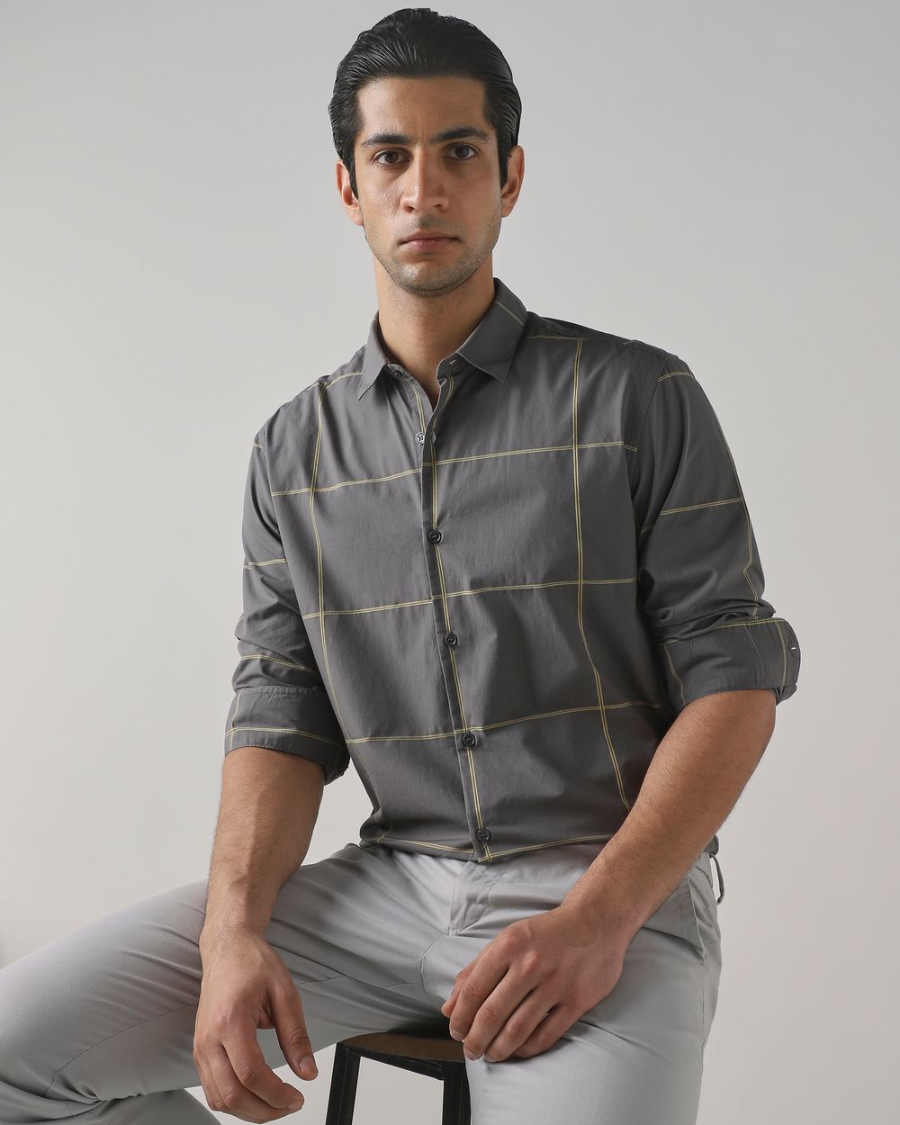 Grey Windowpane Check Slim Fit Casual Shirt