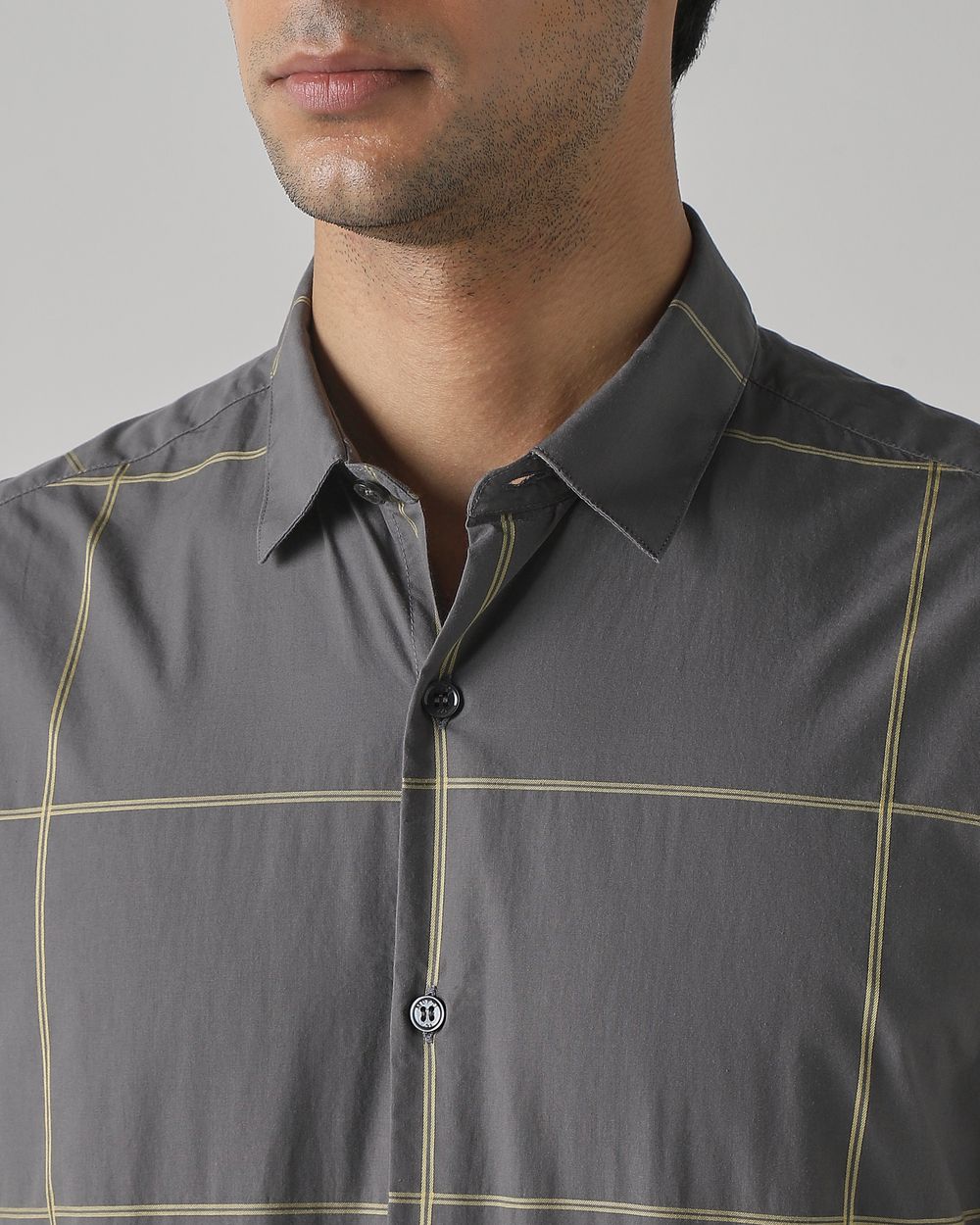 Grey Windowpane Check Slim Fit Casual Shirt