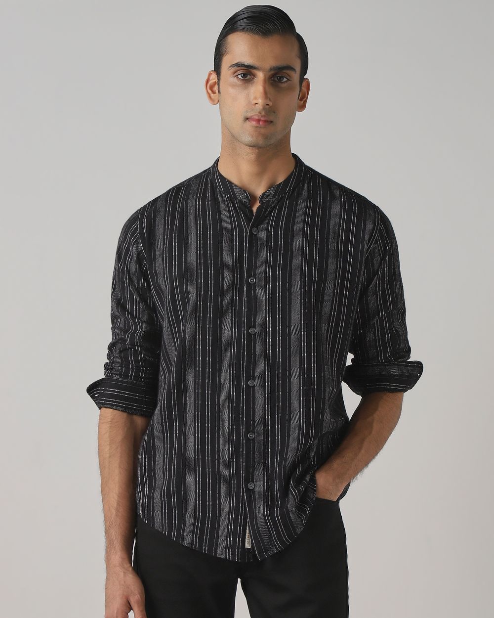 Black Dobby Stripe Slim Fit Casual Shirt