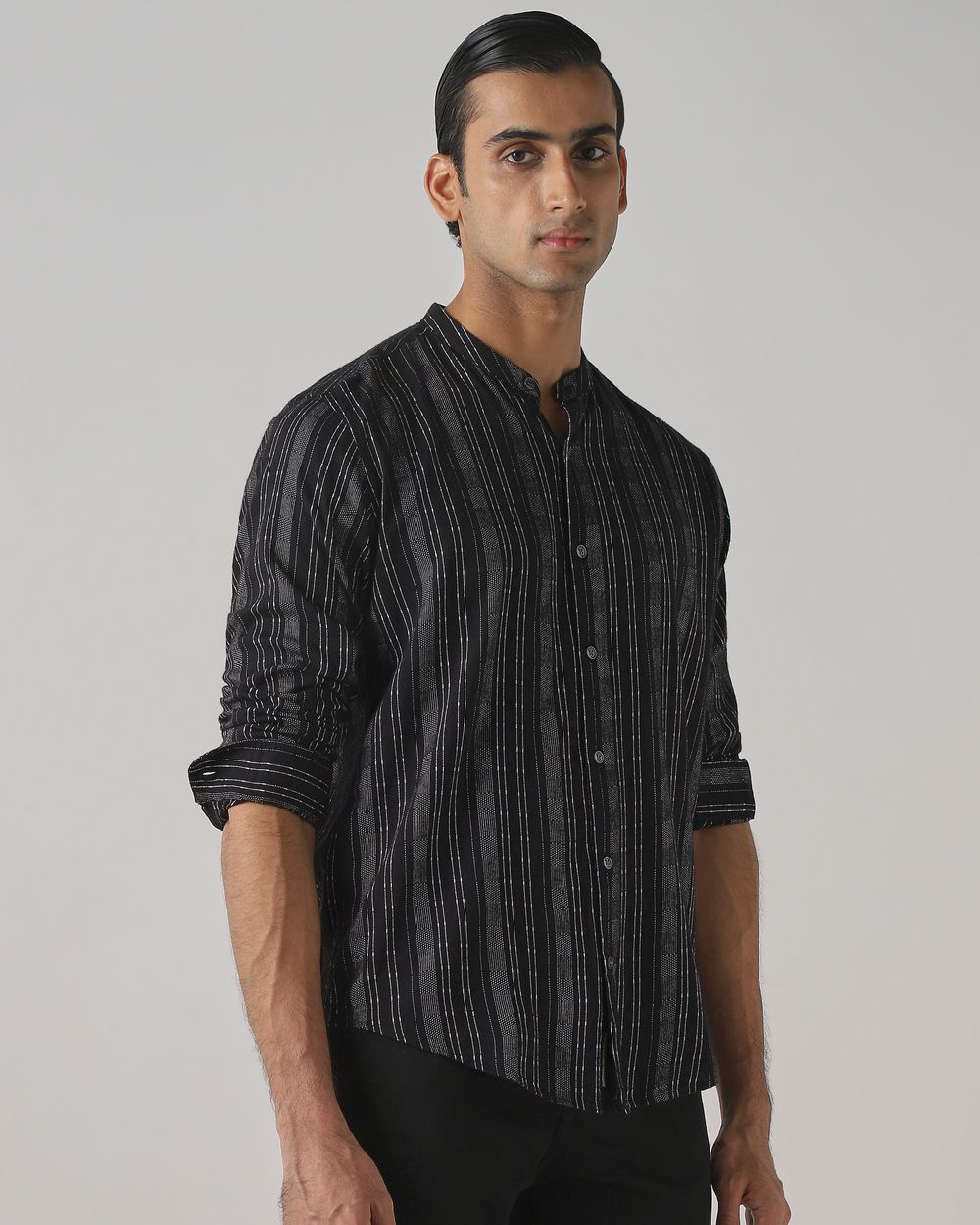 Black Dobby Stripe Slim Fit Casual Shirt
