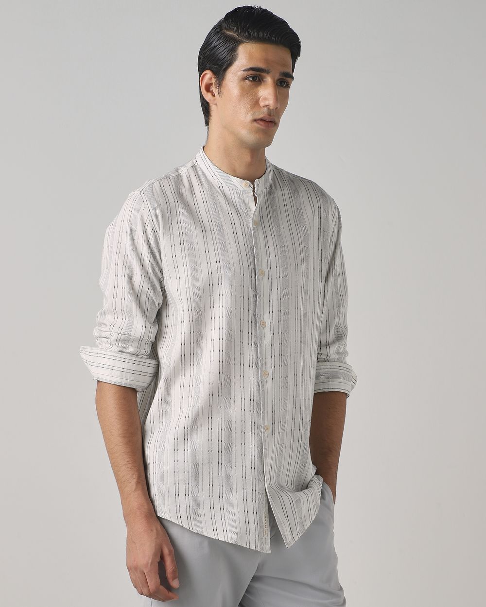 White Dobby Stripe Slim Fit Casual Shirt