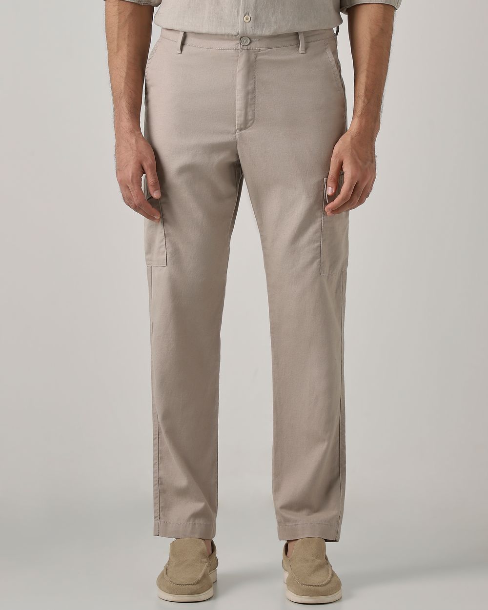 Beige Slim Fit Cotton Cargos