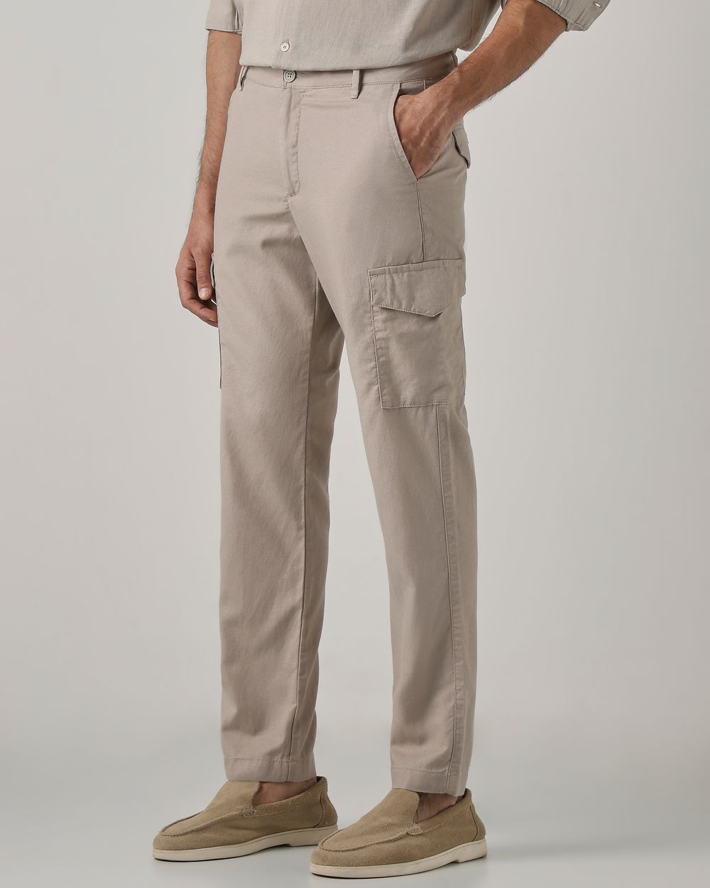 Beige Slim Fit Cotton Cargos