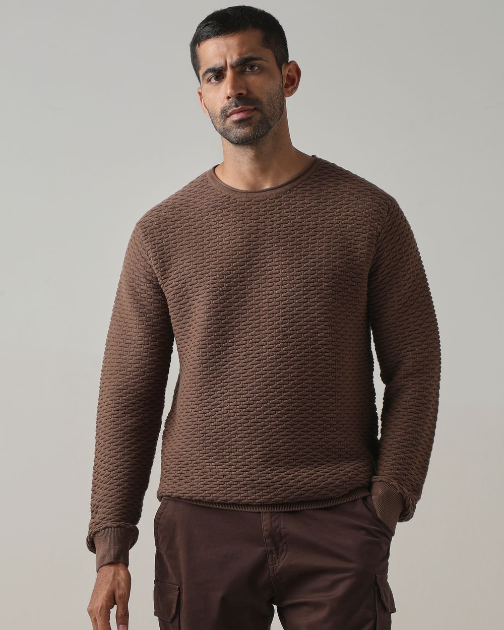 Brown Textured Slim Fit Flatknit
