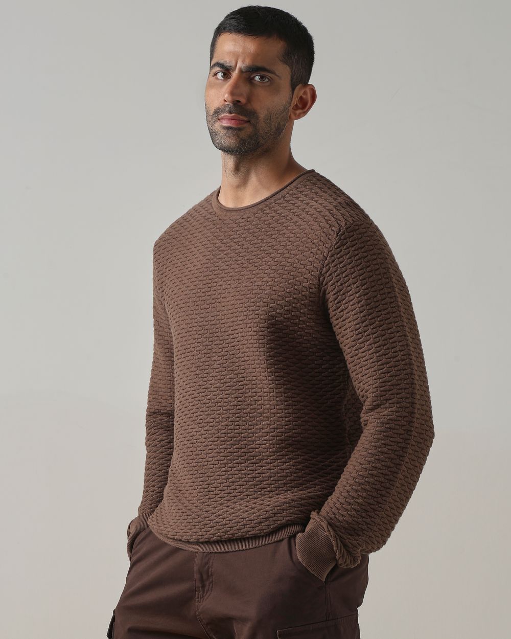 Brown Textured Slim Fit Flatknit