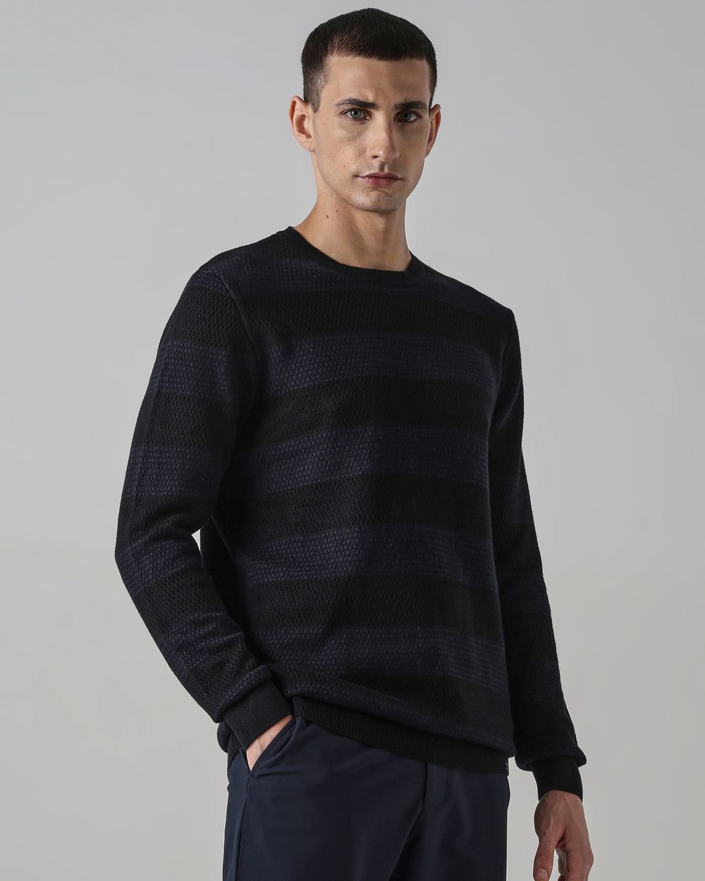Navy Textured Slim Fit Flatknit