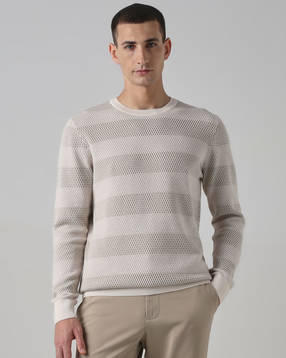 Beige Textured Slim Fit Flatknit