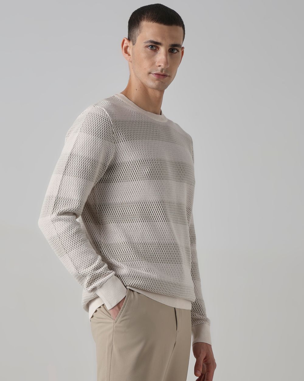Beige Textured Slim Fit Flatknit