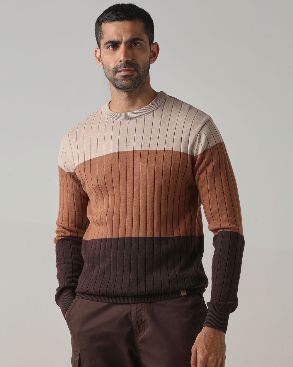Brown Color-Blocked Slim Fit Flatknit