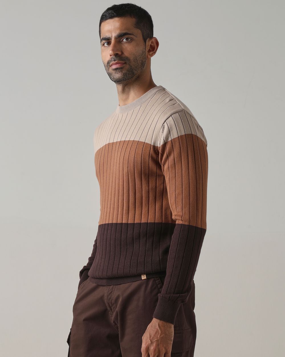 Brown Color-Blocked Slim Fit Flatknit