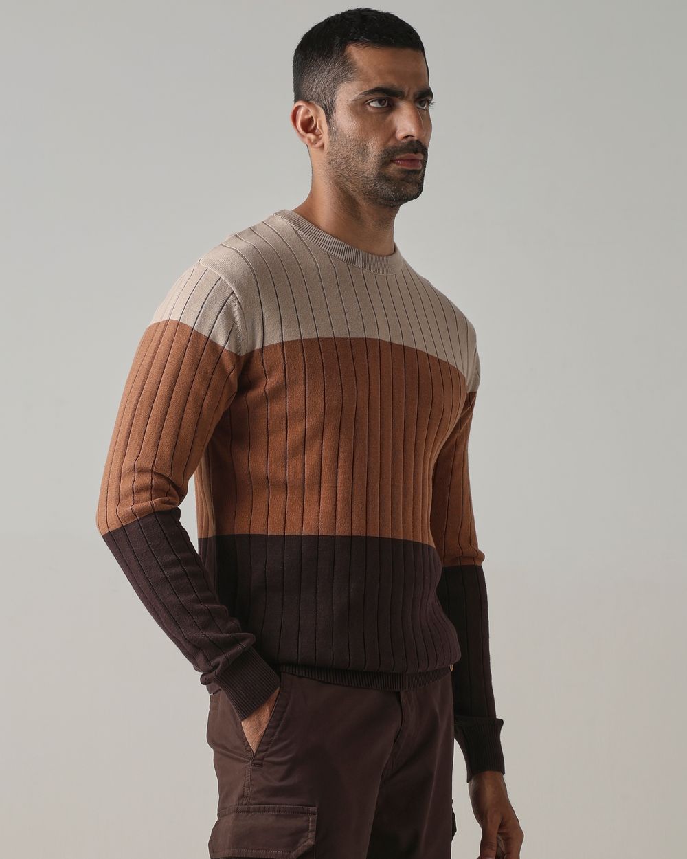 Brown Color-Blocked Slim Fit Flatknit
