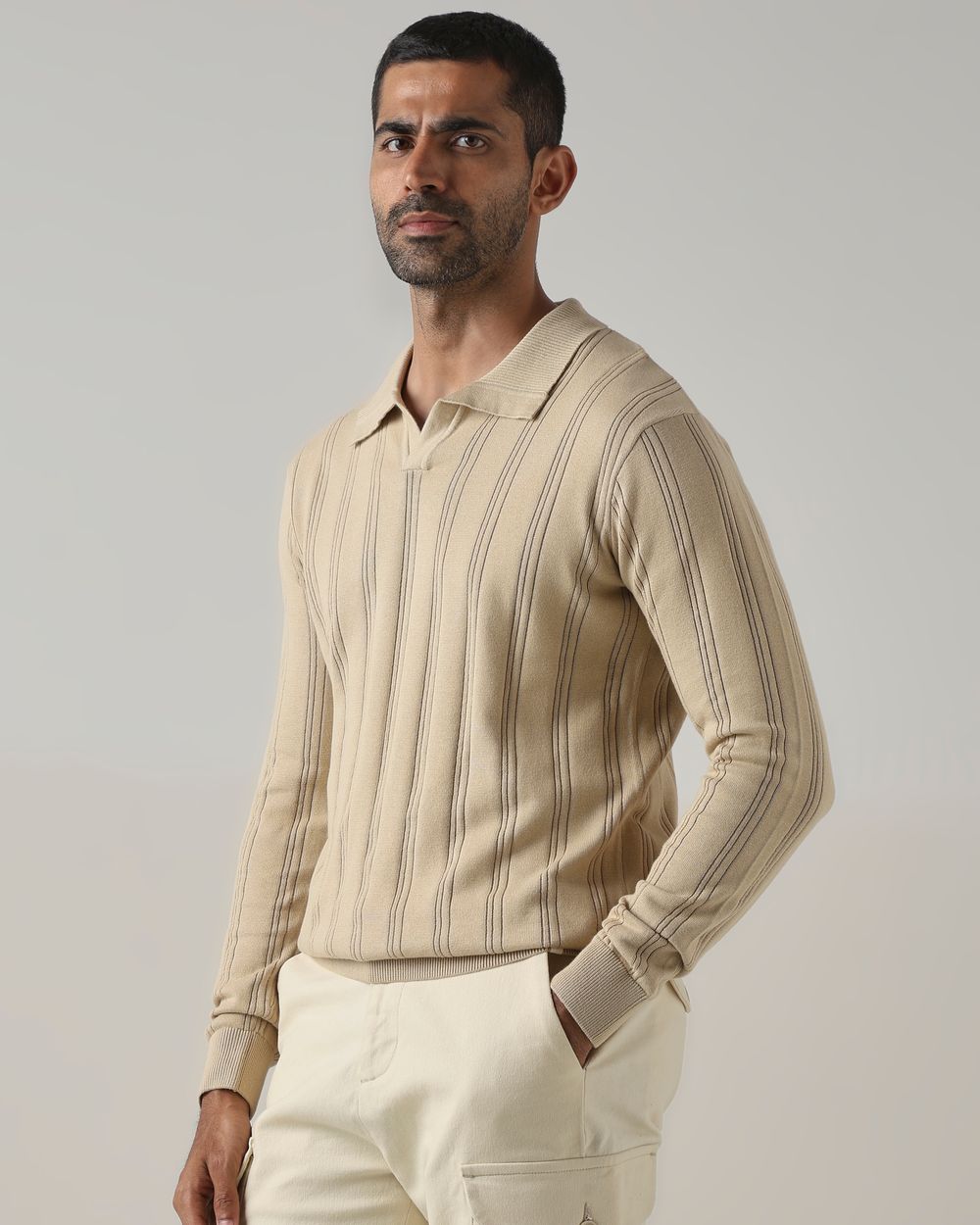 Beige Textured Slim Fit Flatknit