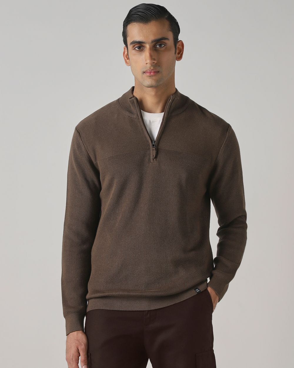 Brown Half Zip Slim Fit Sweater
