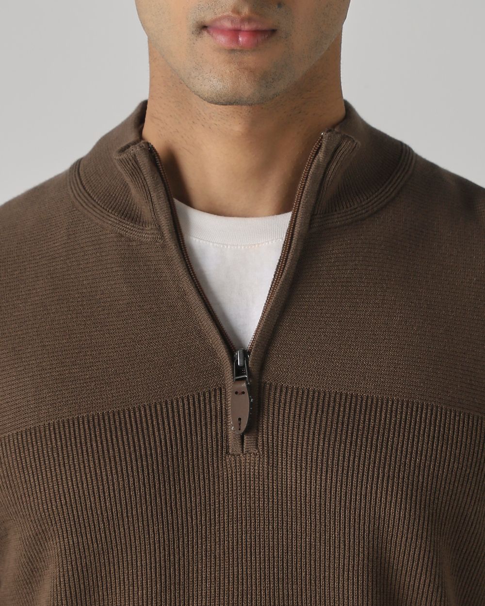 Brown Half Zip Slim Fit Sweater