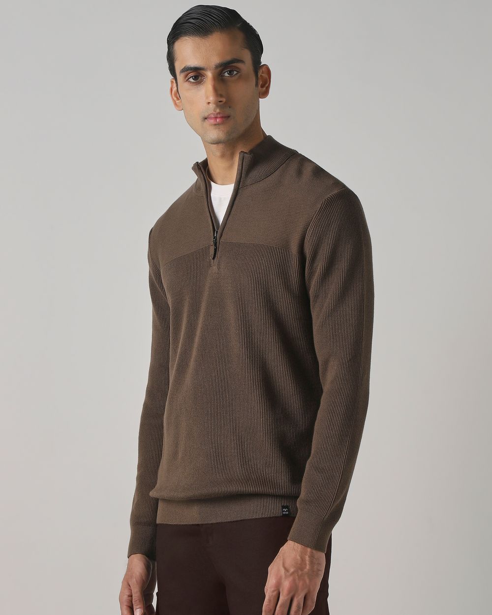 Brown Half Zip Slim Fit Sweater