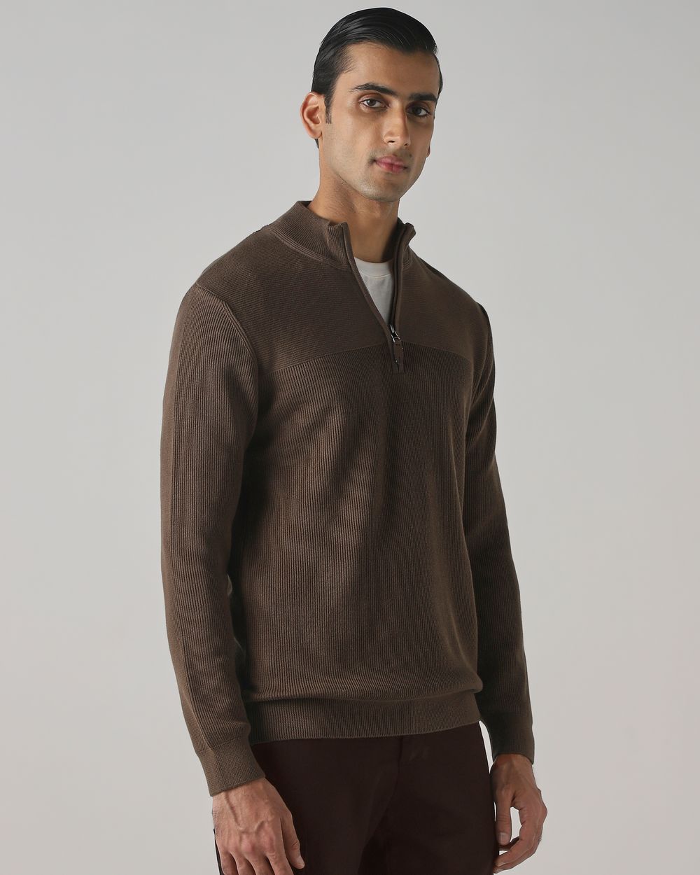 Brown Half Zip Slim Fit Sweater
