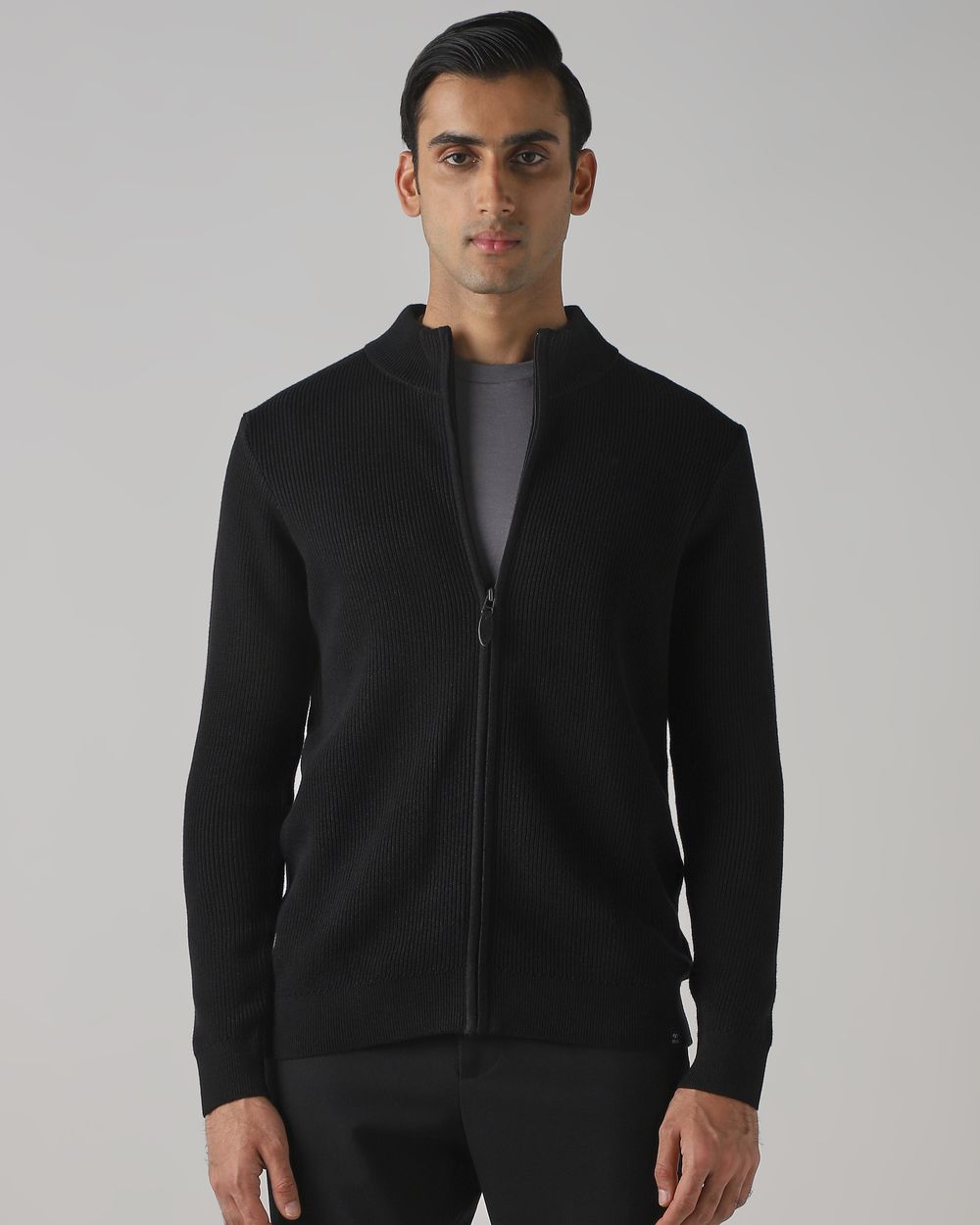 Black Zip Thru Slim Fit Sweater