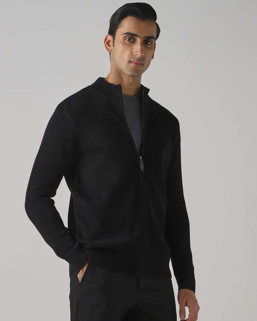 Black Zip Thru Slim Fit Sweater