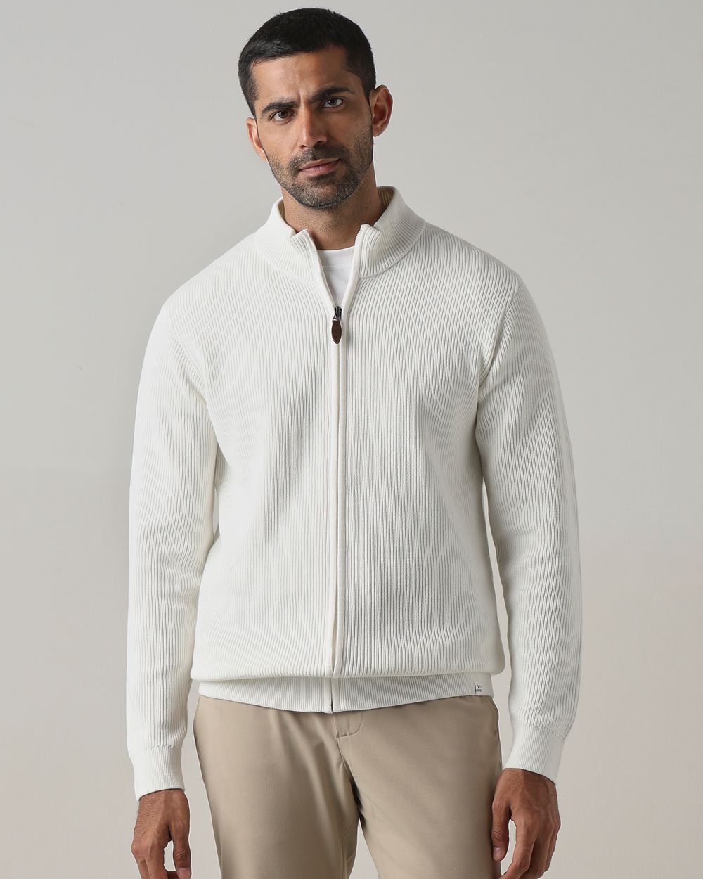 White Zip Thru Slim Fit Sweater