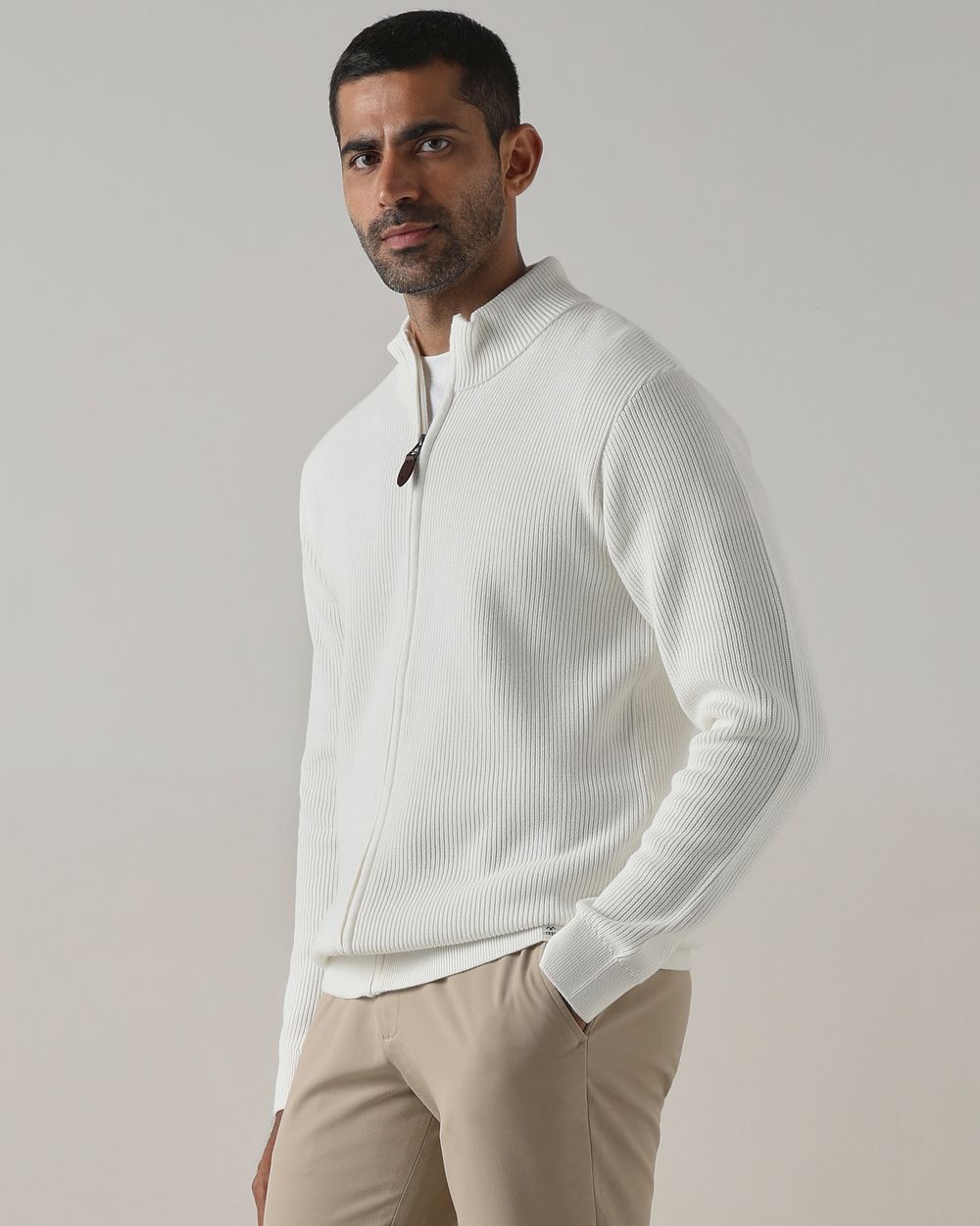 White Zip Thru Slim Fit Sweater