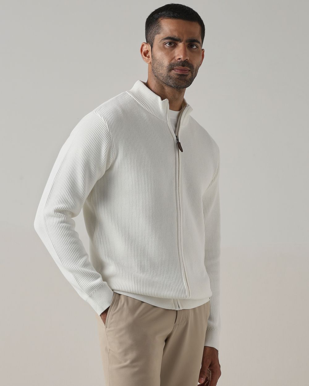 White Zip Thru Slim Fit Sweater