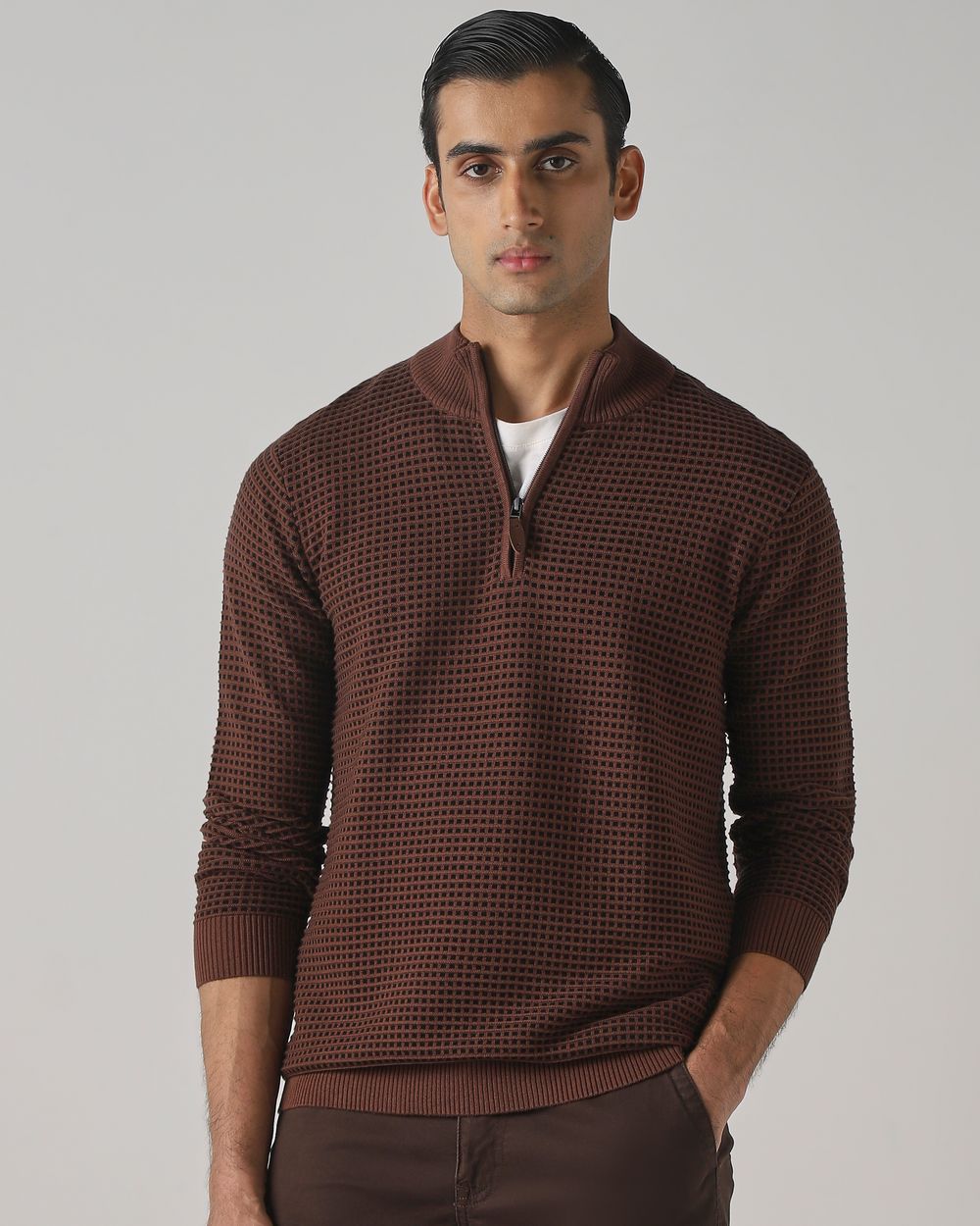 Brown Half Zip Slim Fit Sweater