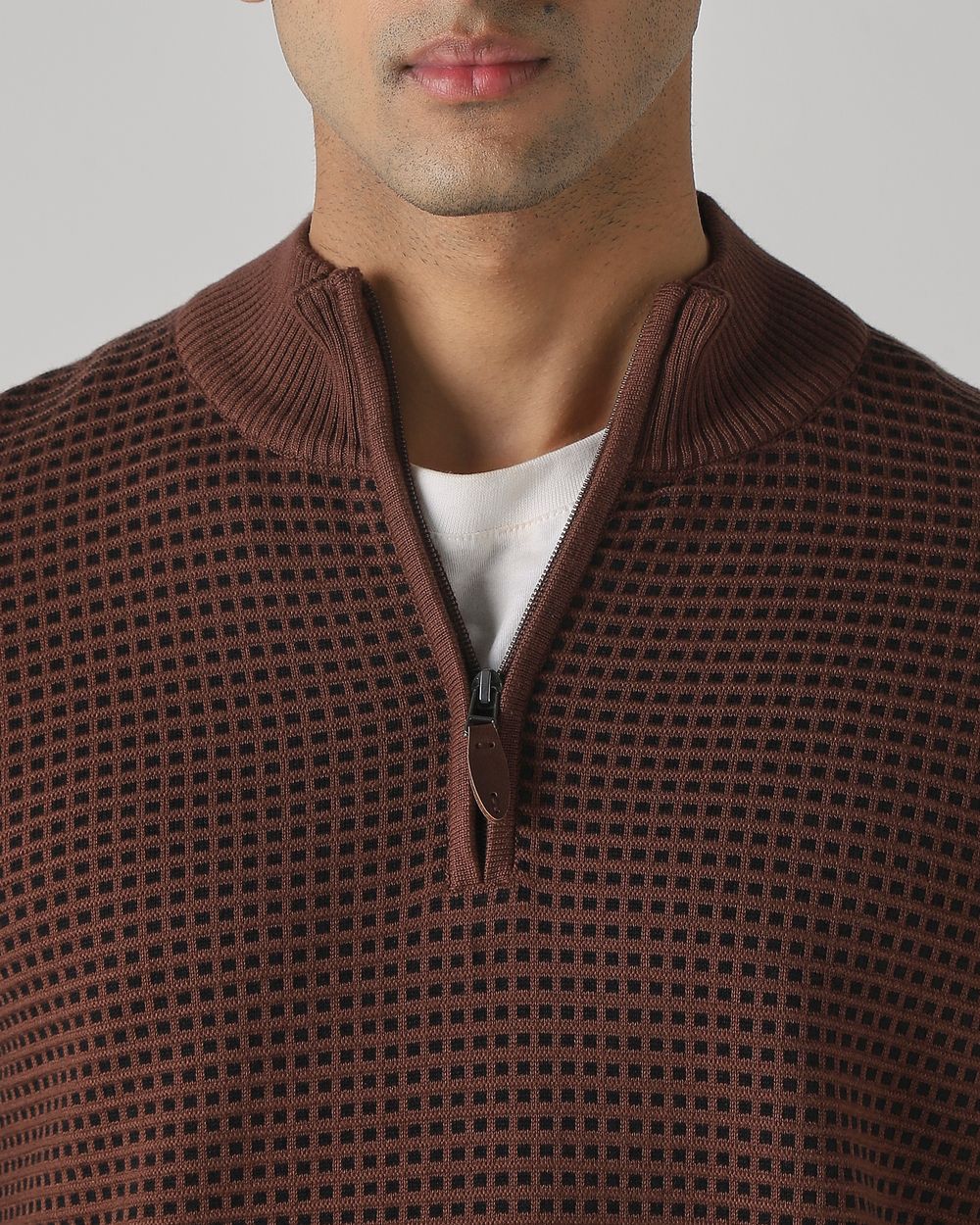 Brown Half Zip Slim Fit Sweater