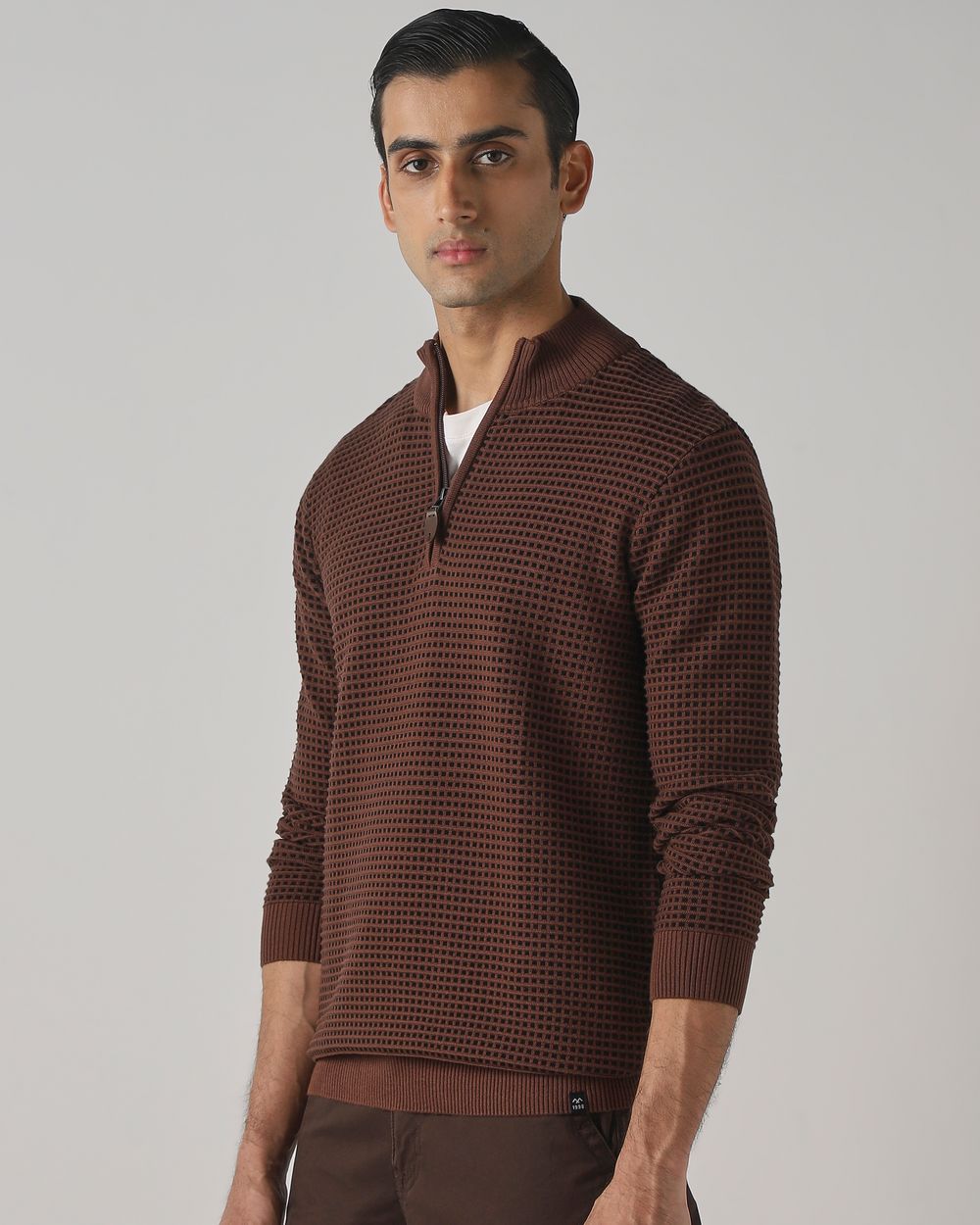 Brown Half Zip Slim Fit Sweater