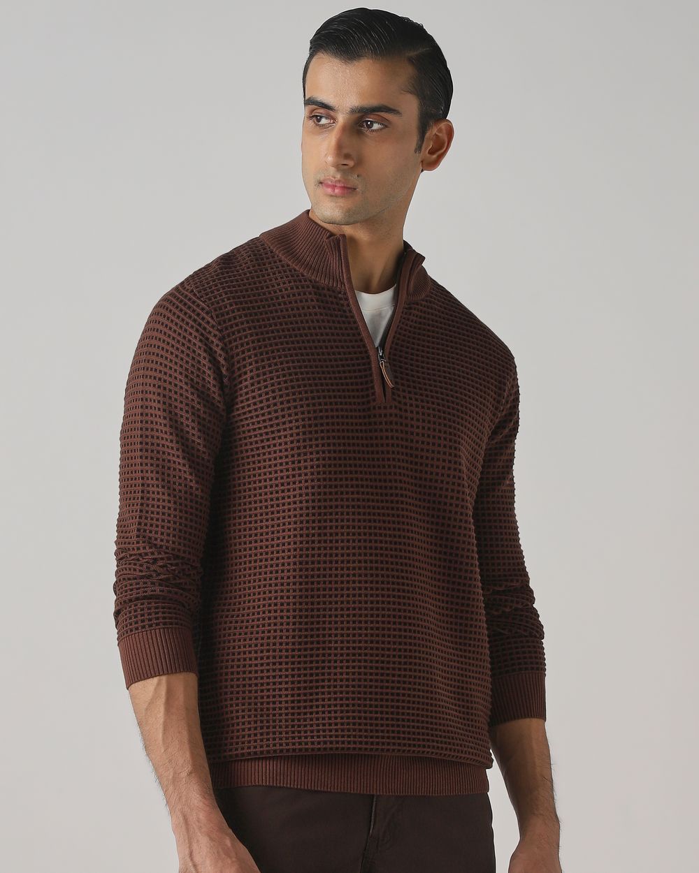 Brown Half Zip Slim Fit Sweater