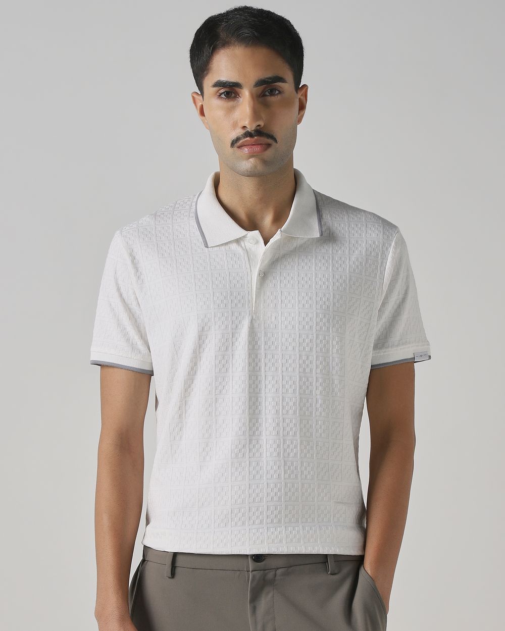 White Abstract Print Polo