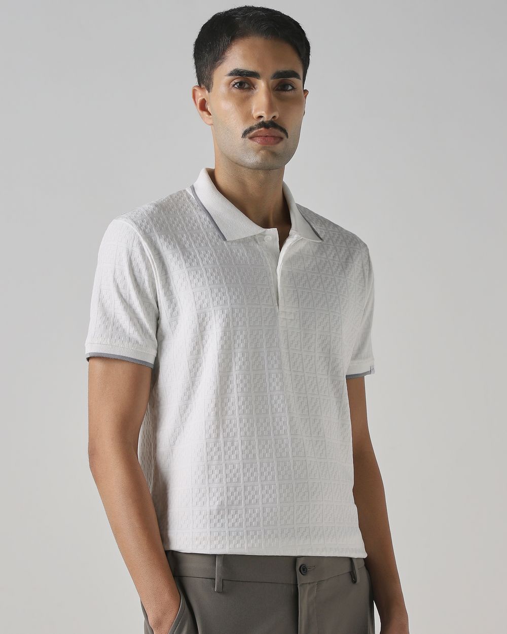 White Abstract Print Polo
