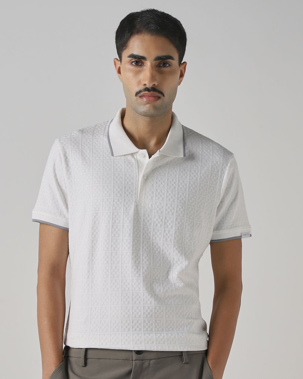 White Abstract Print Polo