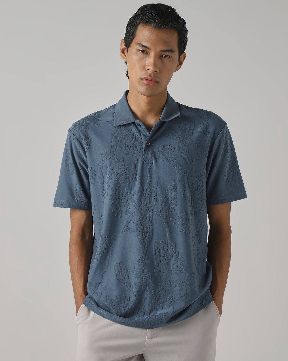Blue Grey Jacquard Plain Polo