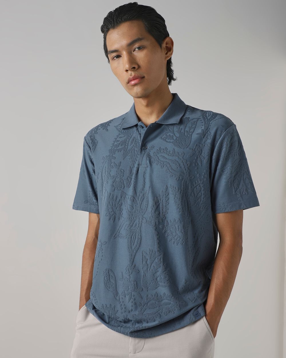 Blue Grey Jacquard Plain Polo
