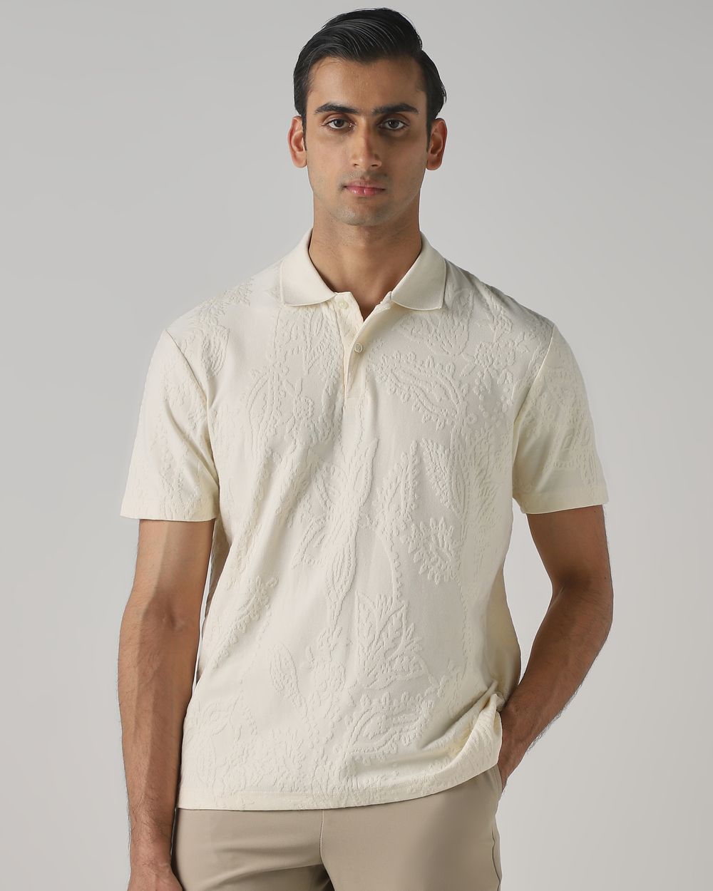 Off White Jacquard Plain Polo