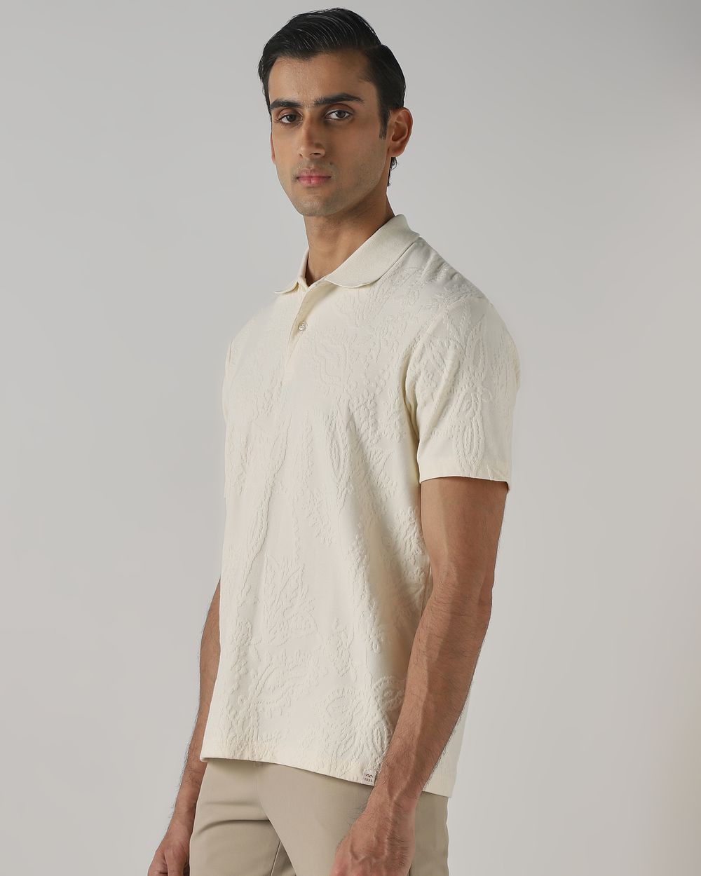 Off White Jacquard Plain Polo