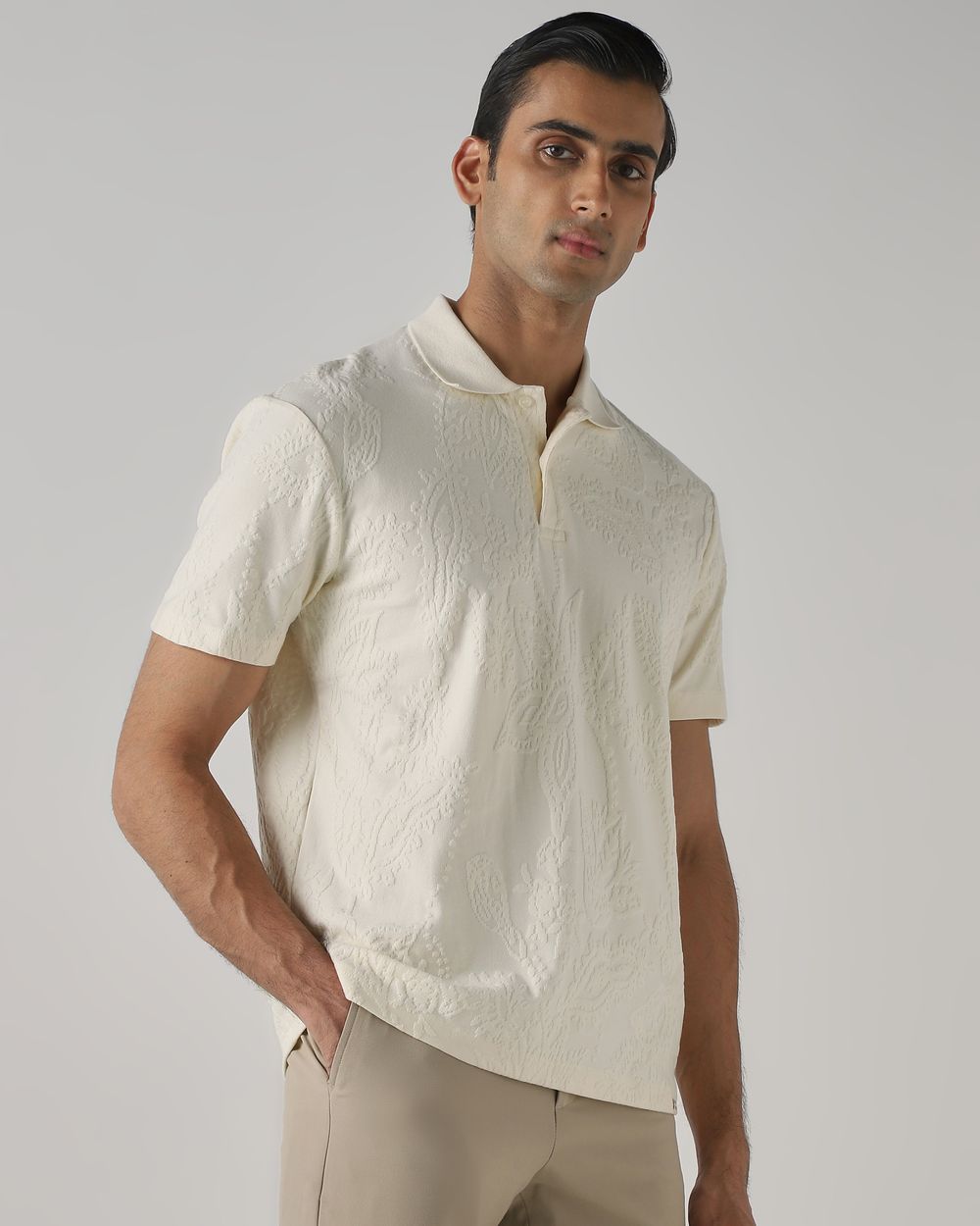 Off White Jacquard Plain Polo