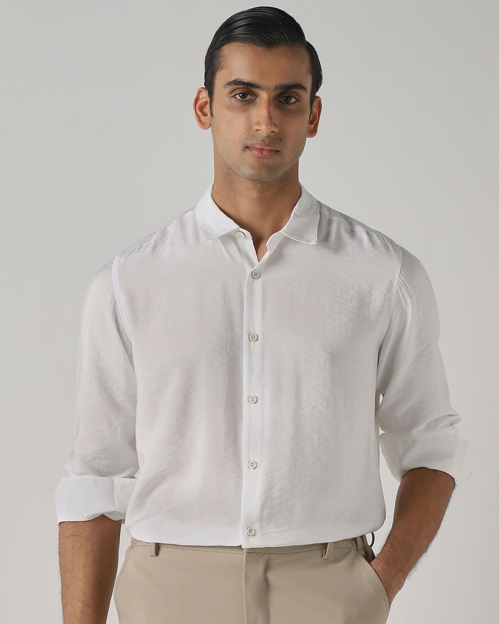White Viscose Plain Slim Fit Casual Shirt
