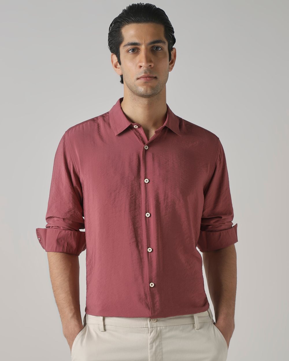 Pink Viscose Plain Slim Fit Casual Shirt